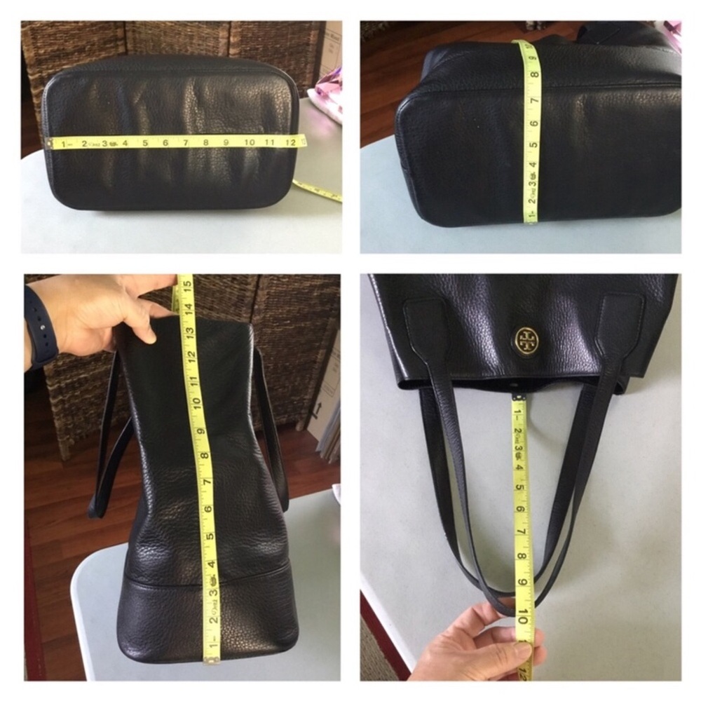 TORY BURCH MICHELLE BLACK PEBBLED LEATHER BUCKET TOTE BLACK GOLD LOGO - Picture 8 of 15